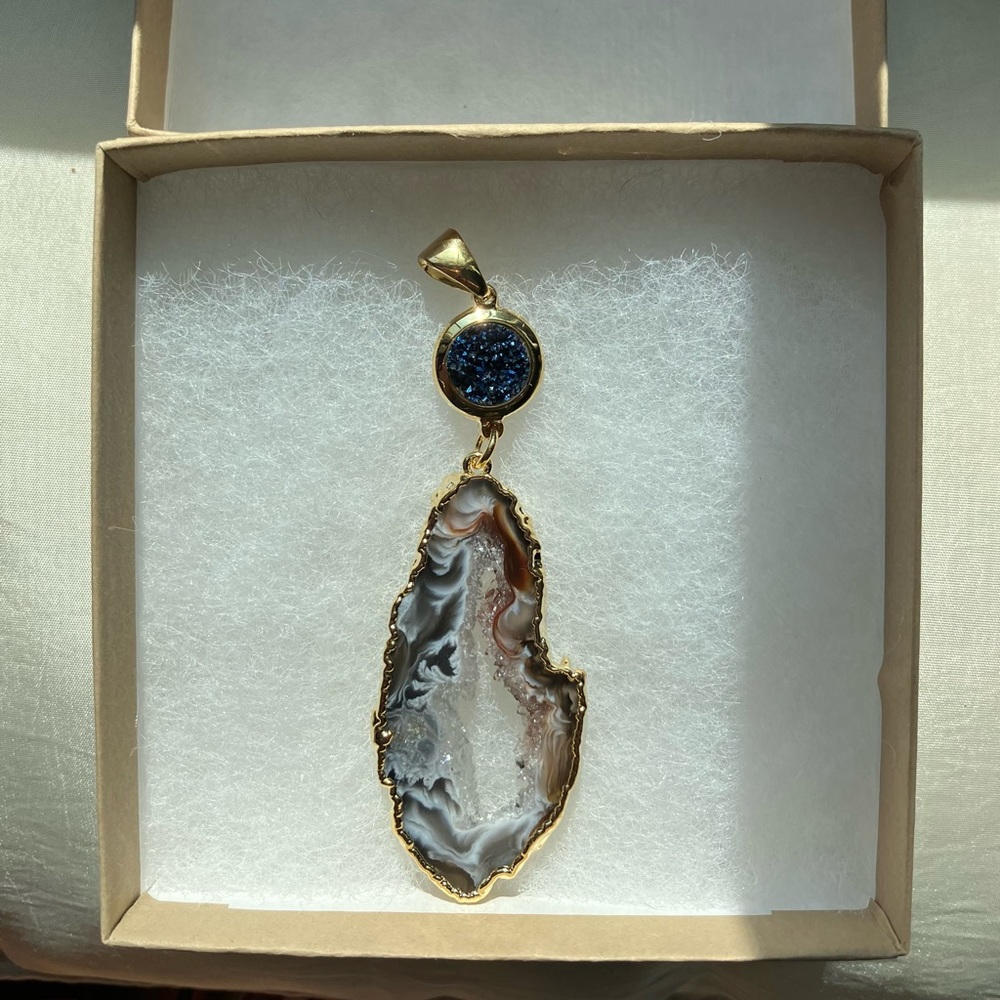 Gold Plated Oco Geode Slice w/ Metallicized Druzy Pendant 2.75" avg